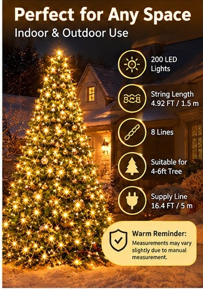 Warm Christmas Tree String Lights – 200 LED Tree Net Lights with Remote Control