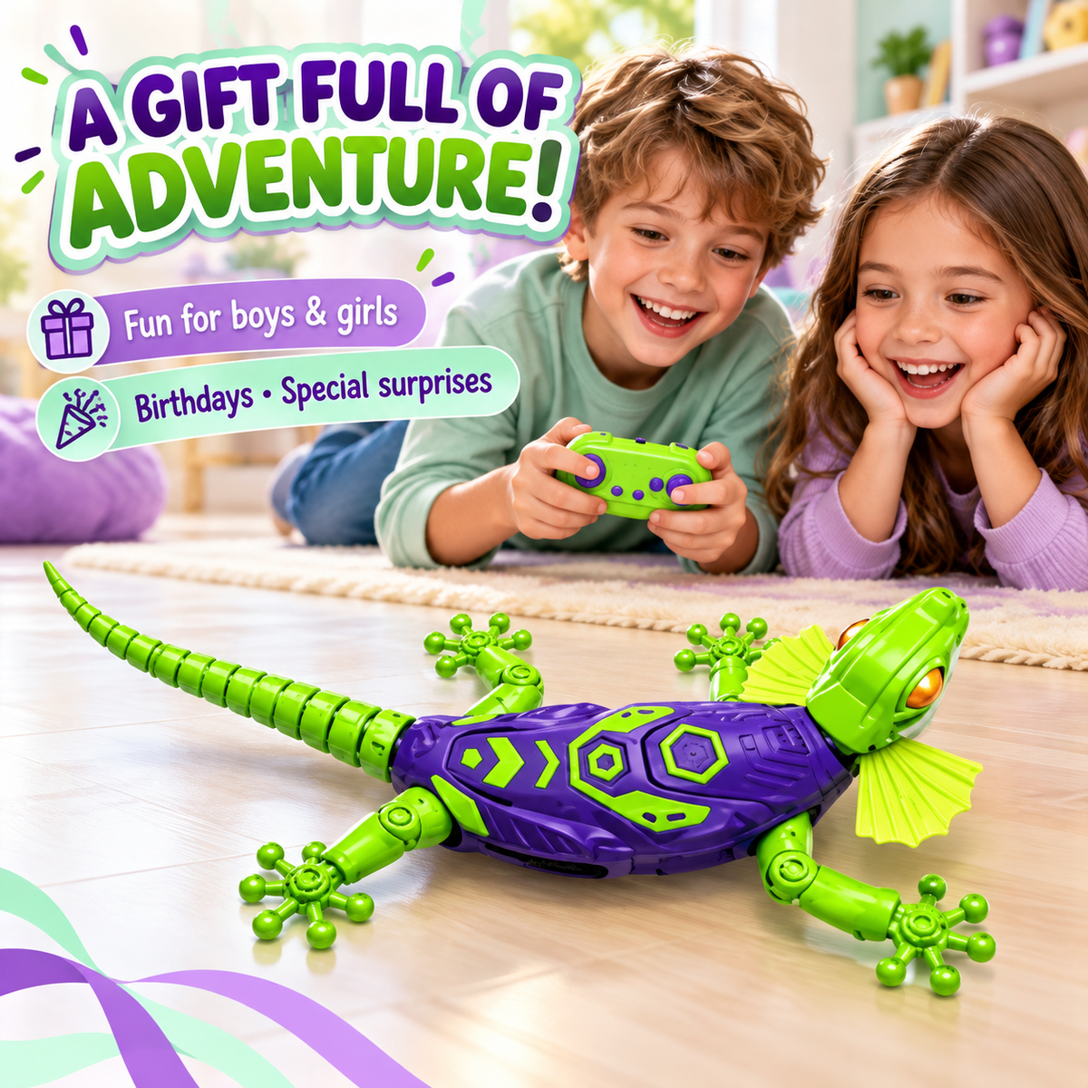 Rechargeable Remote Control Wall-Climbing Gecko Toy – Green & Purple