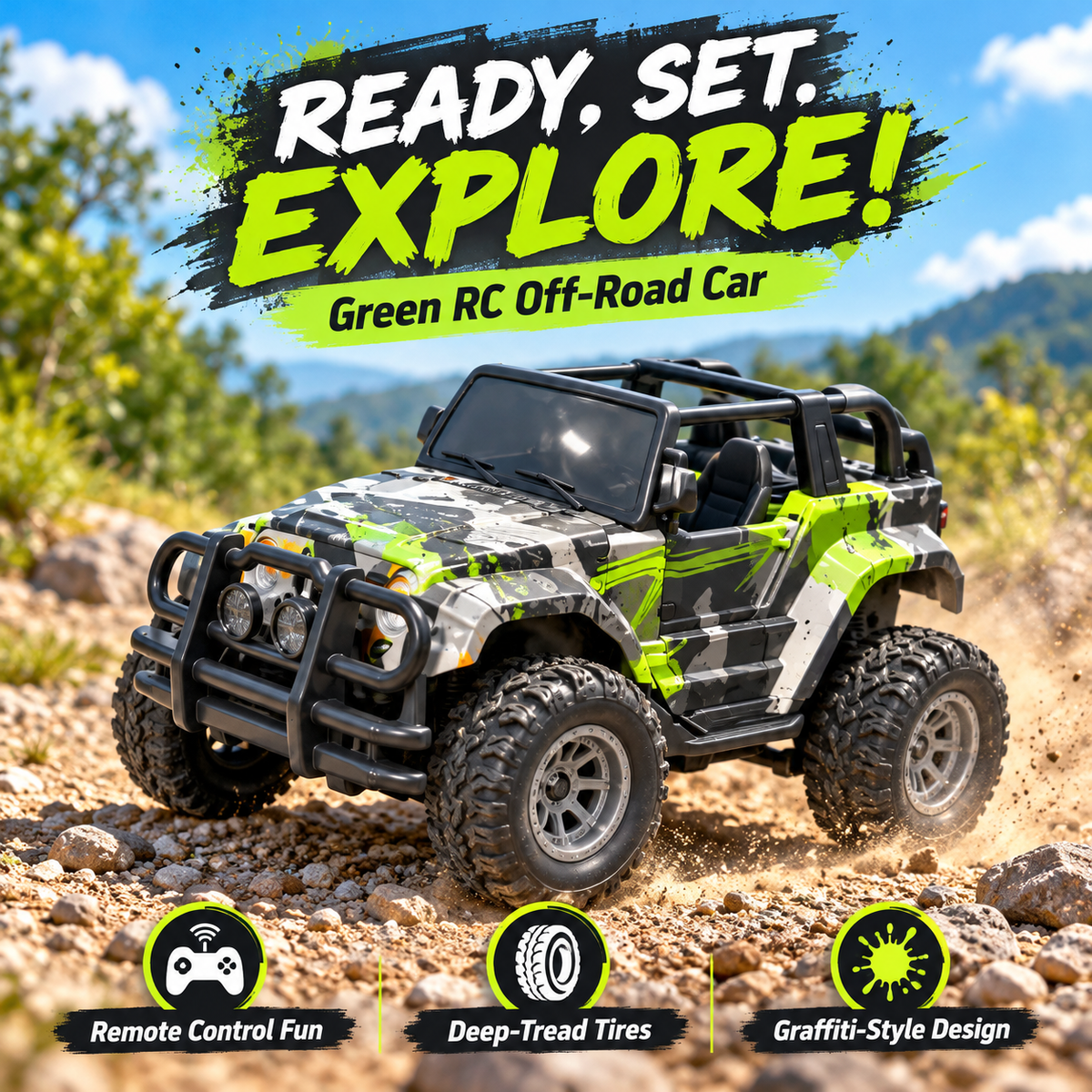 Remote Control Off-Road Toy Car with Graffiti Design โ Yellow & Green