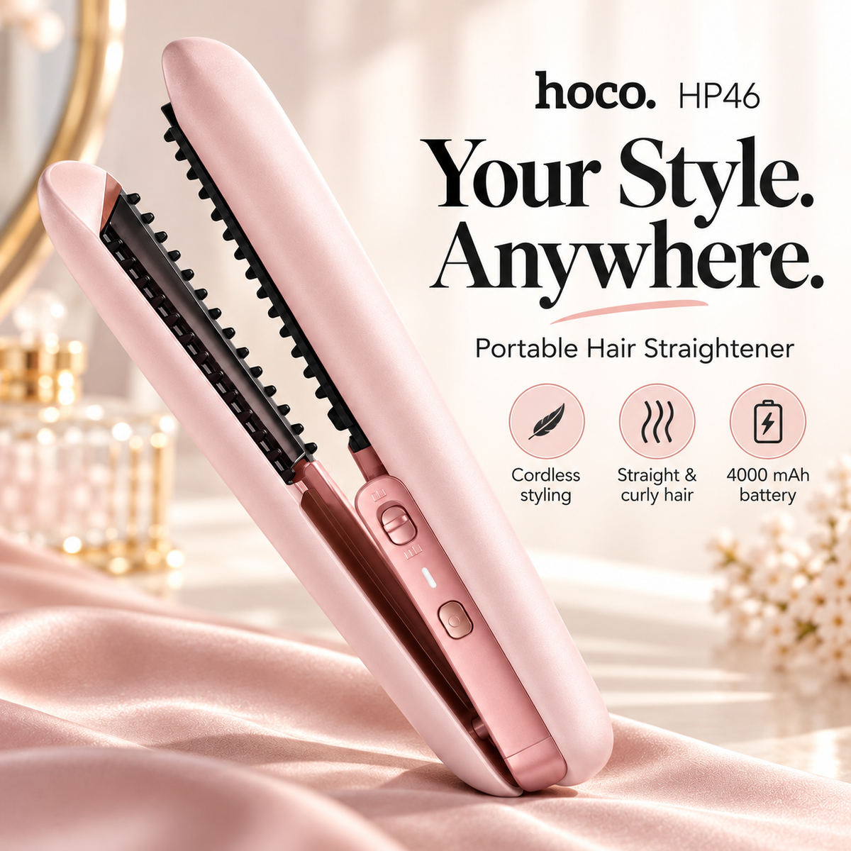 Hoco HP46 Cordless Hair Straightener & Curler – Rechargeable with 3 Heat Settings