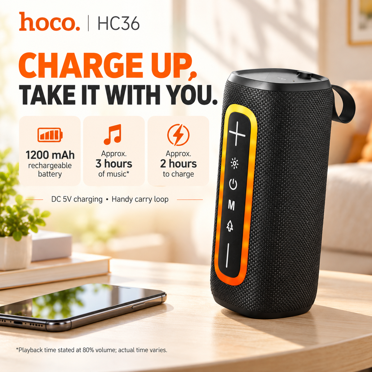 Hoco HC36 Portable Bluetooth Speaker – 10W Sound, LED Lights & FM Radio
