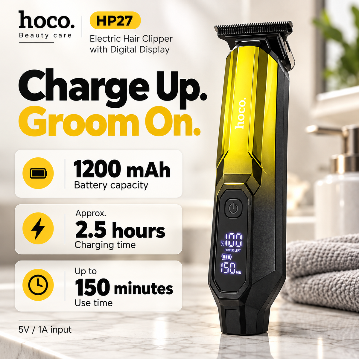 Hoco HP27 Rechargeable Hair Clipper with Digital Display & 4 Guide Combs