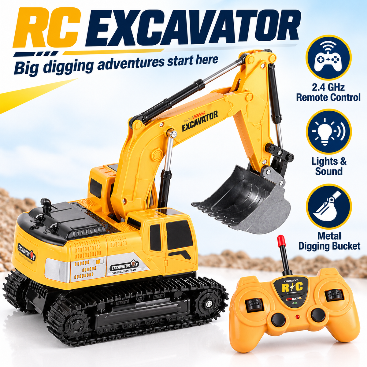RC Excavator Toy with 2.4GHz Remote Control, Metal Bucket, Lights & Sound – Yellow