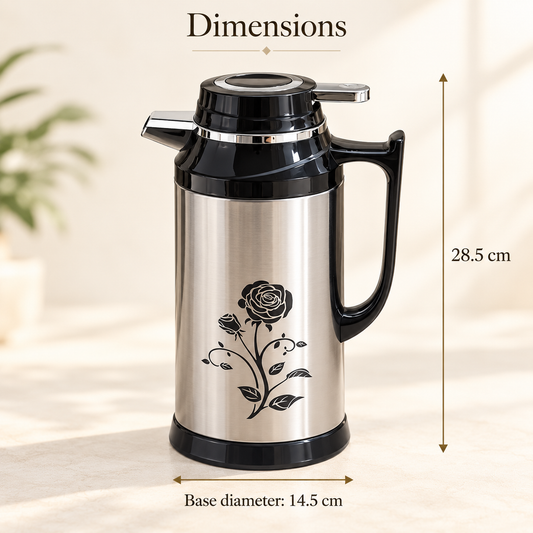 1L Glass-Lined Vacuum Jug – Silver & Black Rose Design