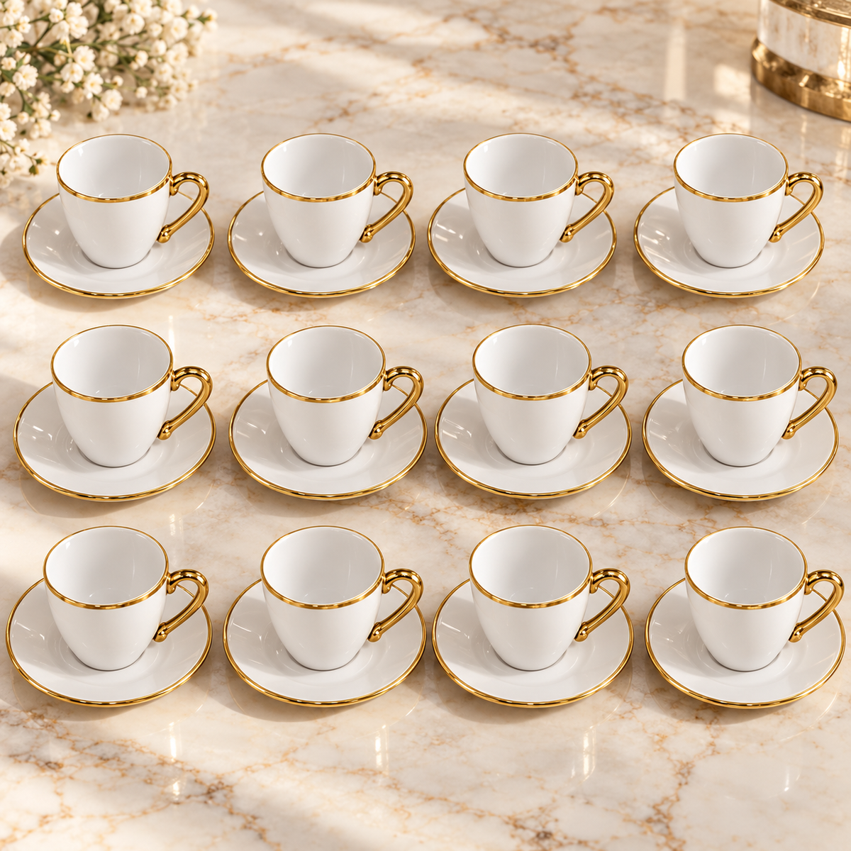 White & Gold Coffee Cup and Saucer Set – 12 Cups & 12 Saucers