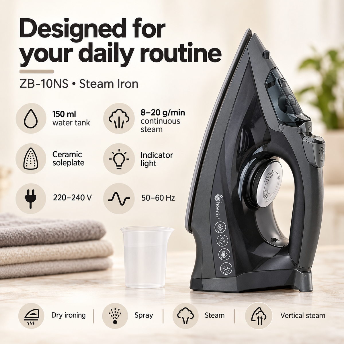 Phoenix ZB-10NS Ceramic Steam Iron with Water-Filling Cup – Dark Grey