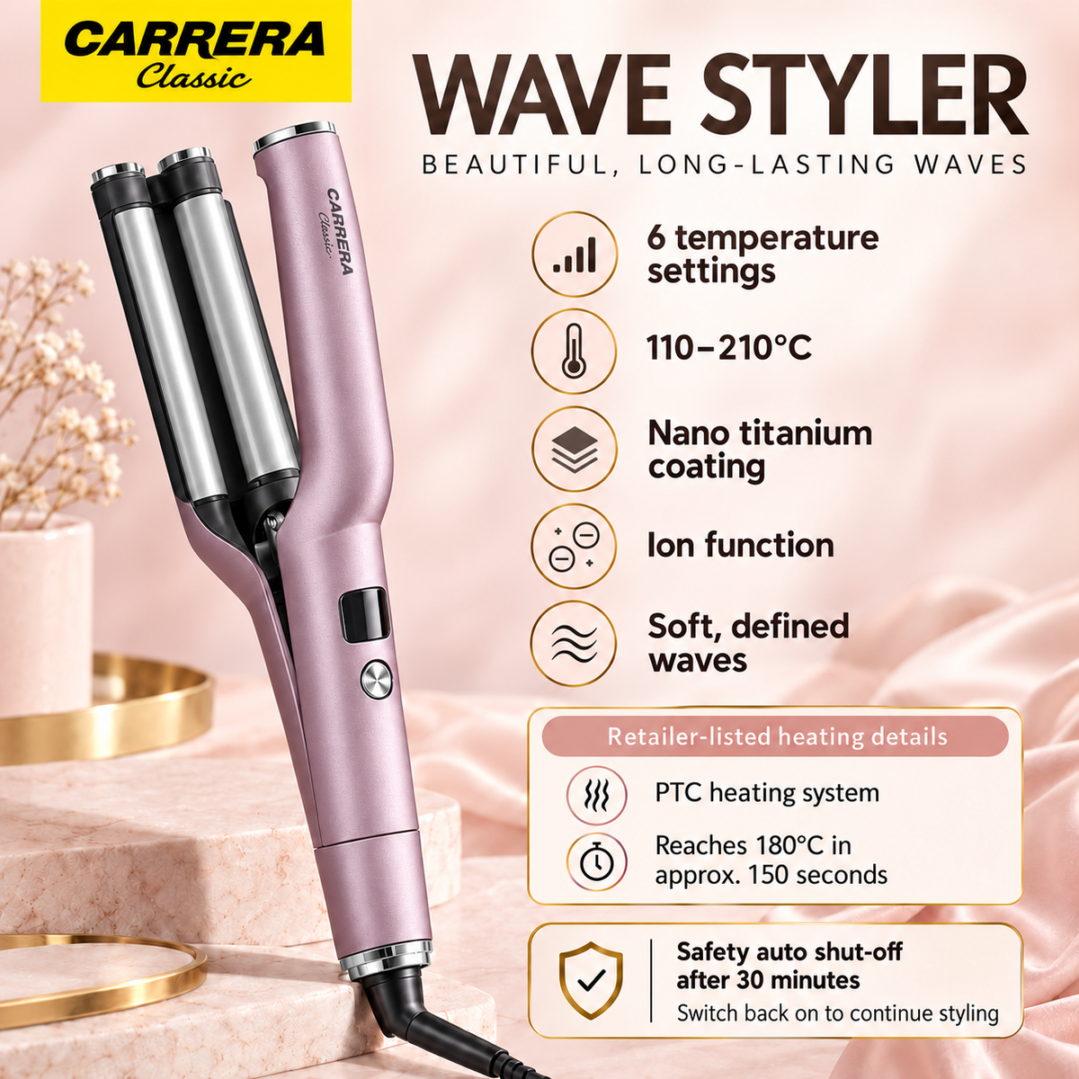 Carrera Classic Click & Style Straightener Comb & Wave Styler Set – Metallic Mauve Pink
