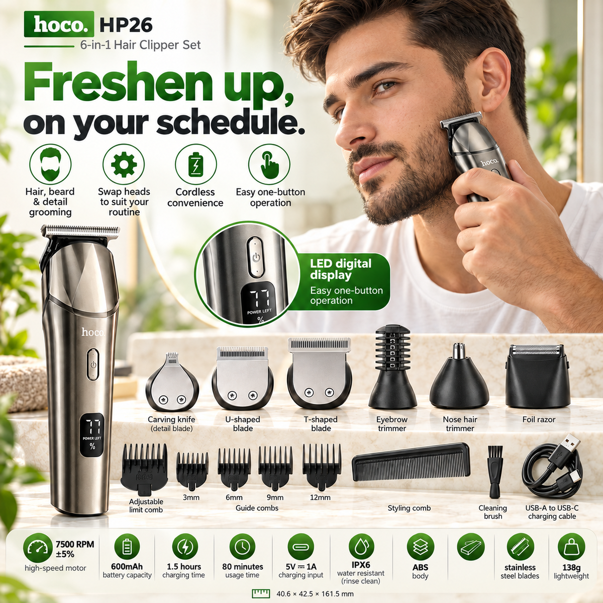 Hoco HP26 6-in-1 Rechargeable Hair Clipper & Grooming Set – USB-C, LED Display