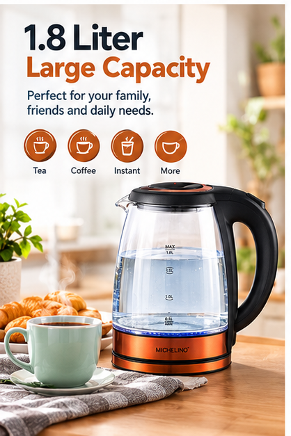 MICHELINO 1.8L Glass Electric Kettle – 1800W with Blue LED Light & 360° Rotating Base