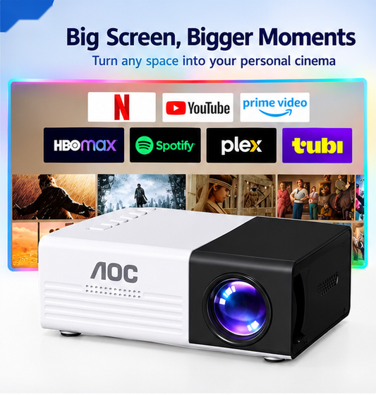 AOC Mini Portable Projector – 1080P HD Video, Wifi Screen Mirroring & Bluetooth