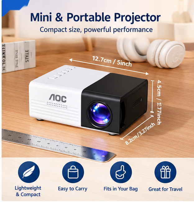 AOC Mini Portable Projector – 1080P HD Video, Wifi Screen Mirroring & Bluetooth