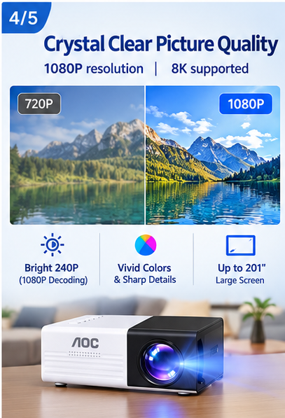 AOC Mini Portable Projector – 1080P HD Video, Wifi Screen Mirroring & Bluetooth