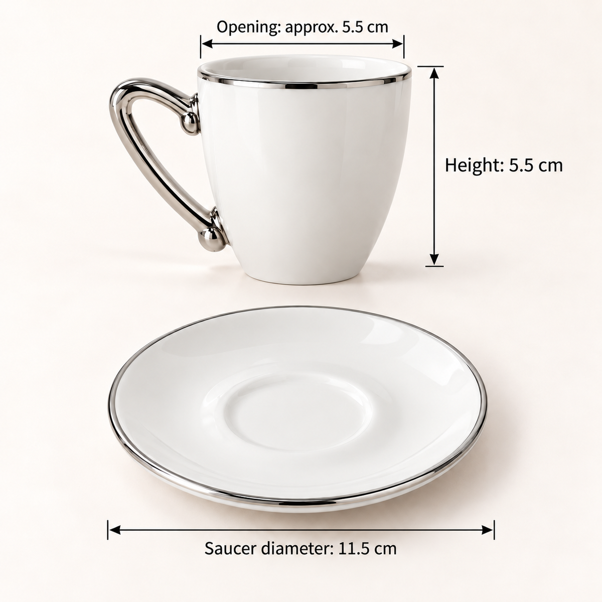 White & Silver Coffee Cup and Saucer Set – 12 Cups & 12 Saucers