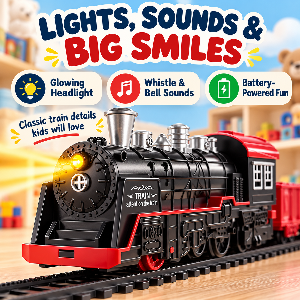 Classic Electric Train Set with Lights & Sounds – 3 Carriages & Large Oval Track