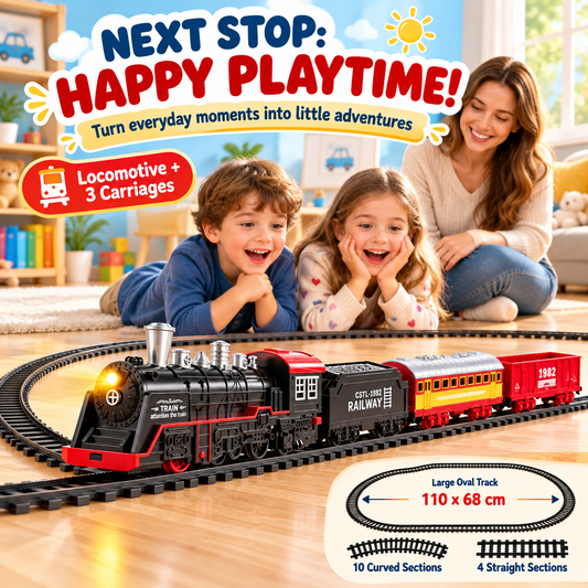 Classic Electric Train Set with Lights & Sounds – 3 Carriages & Large Oval Track