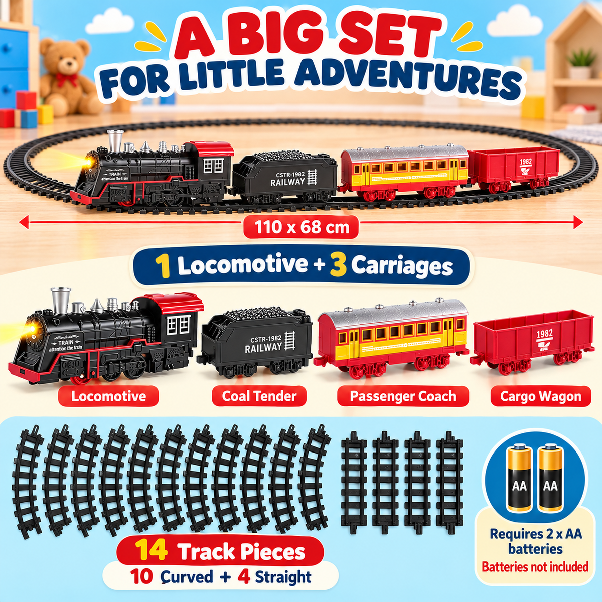 Classic Electric Train Set with Lights & Sounds – 3 Carriages & Large Oval Track