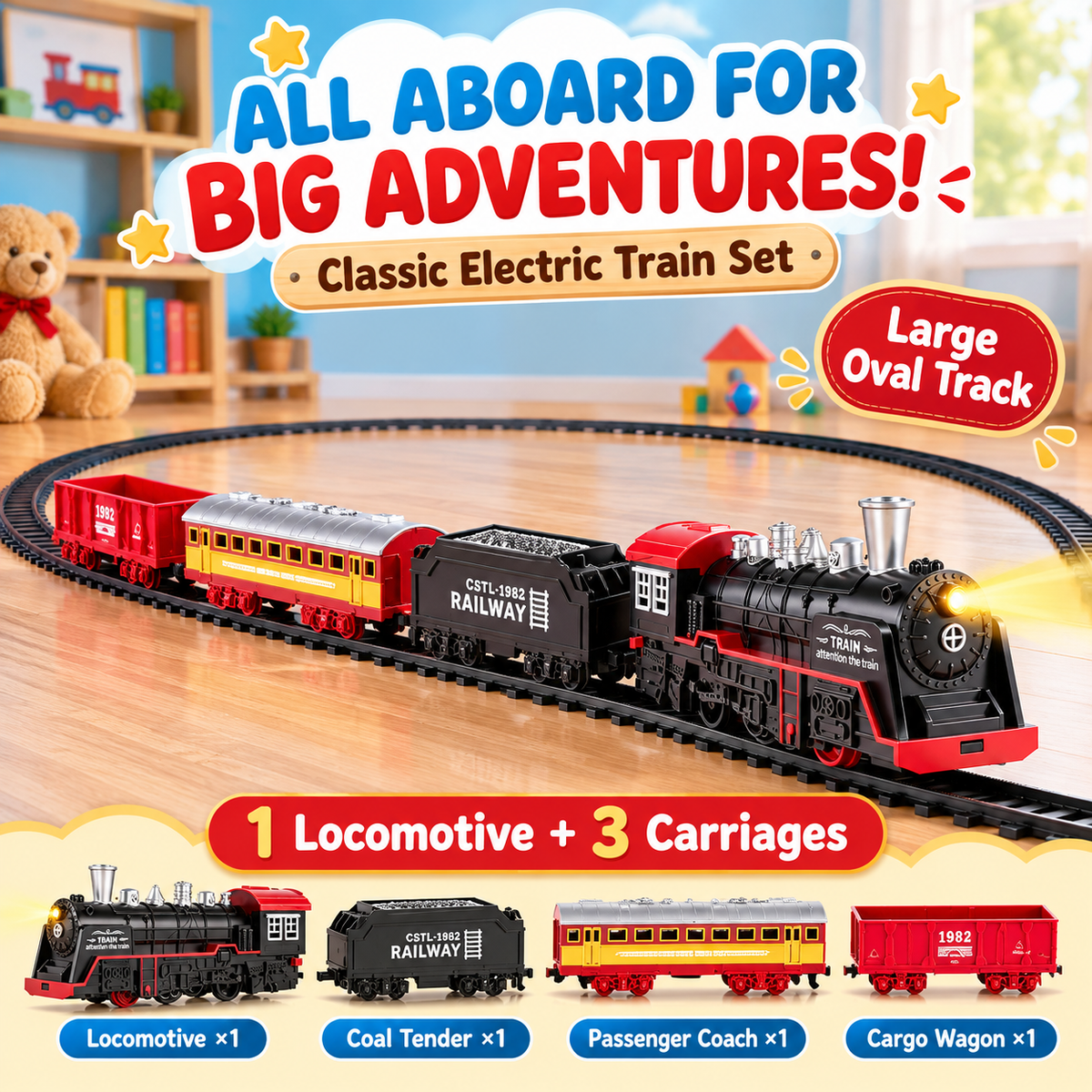 Classic Electric Train Set with Lights & Sounds – 3 Carriages & Large Oval Track