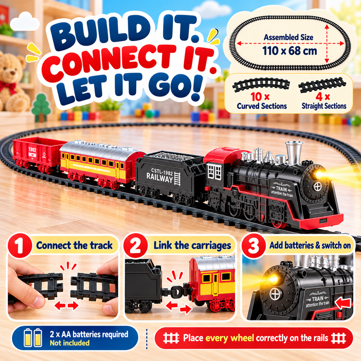 Classic Electric Train Set with Lights & Sounds – 3 Carriages & Large Oval Track