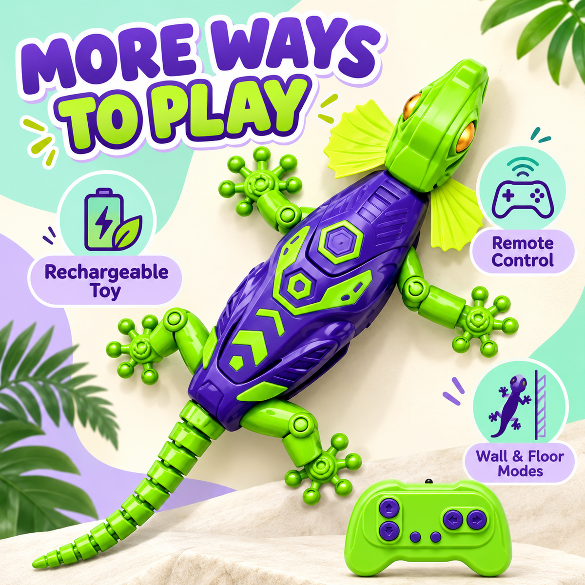 Rechargeable Remote Control Wall-Climbing Gecko Toy – Green & Purple