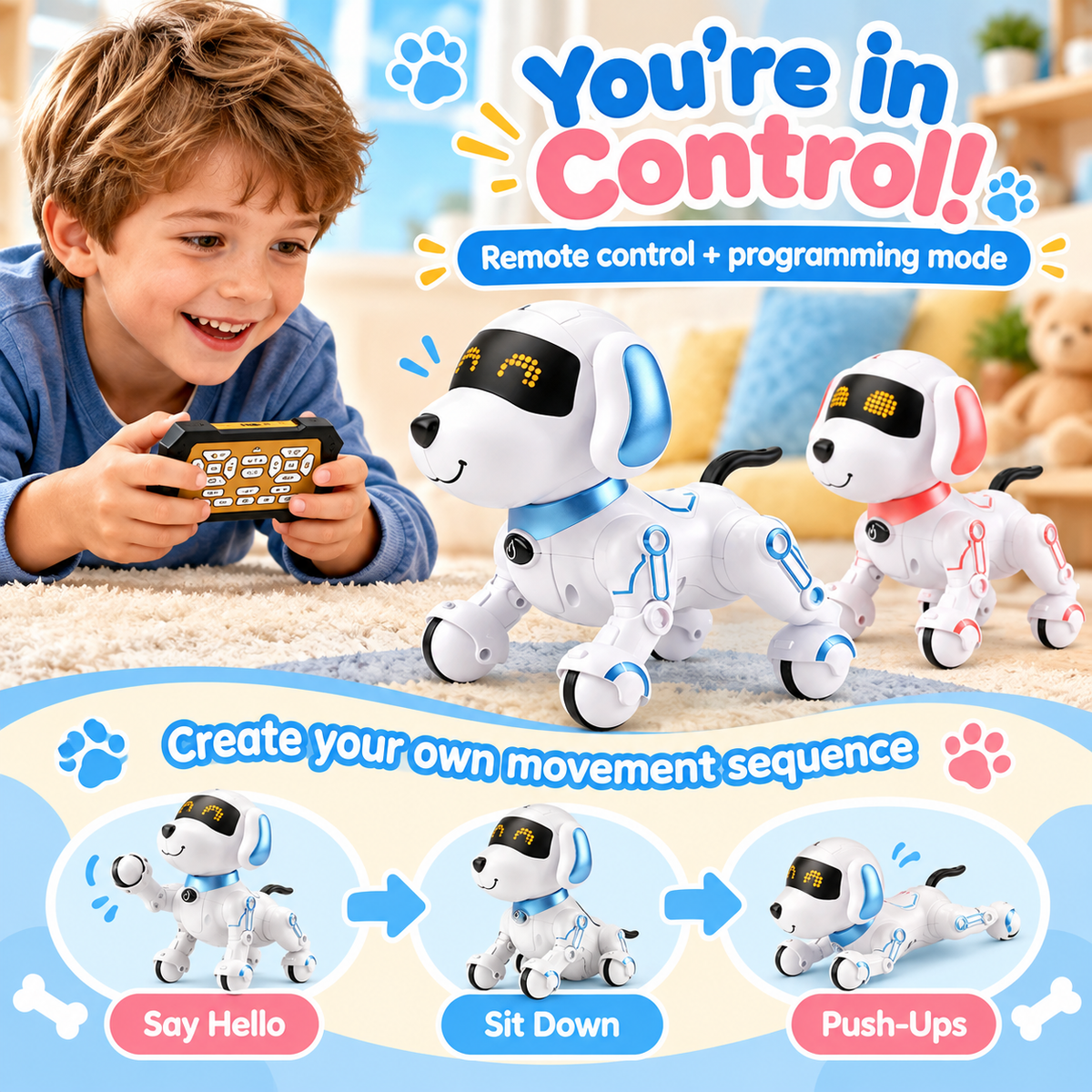 Interactive Remote Control Robot Dog – Rechargeable Puppy Toy in Pink or Blue