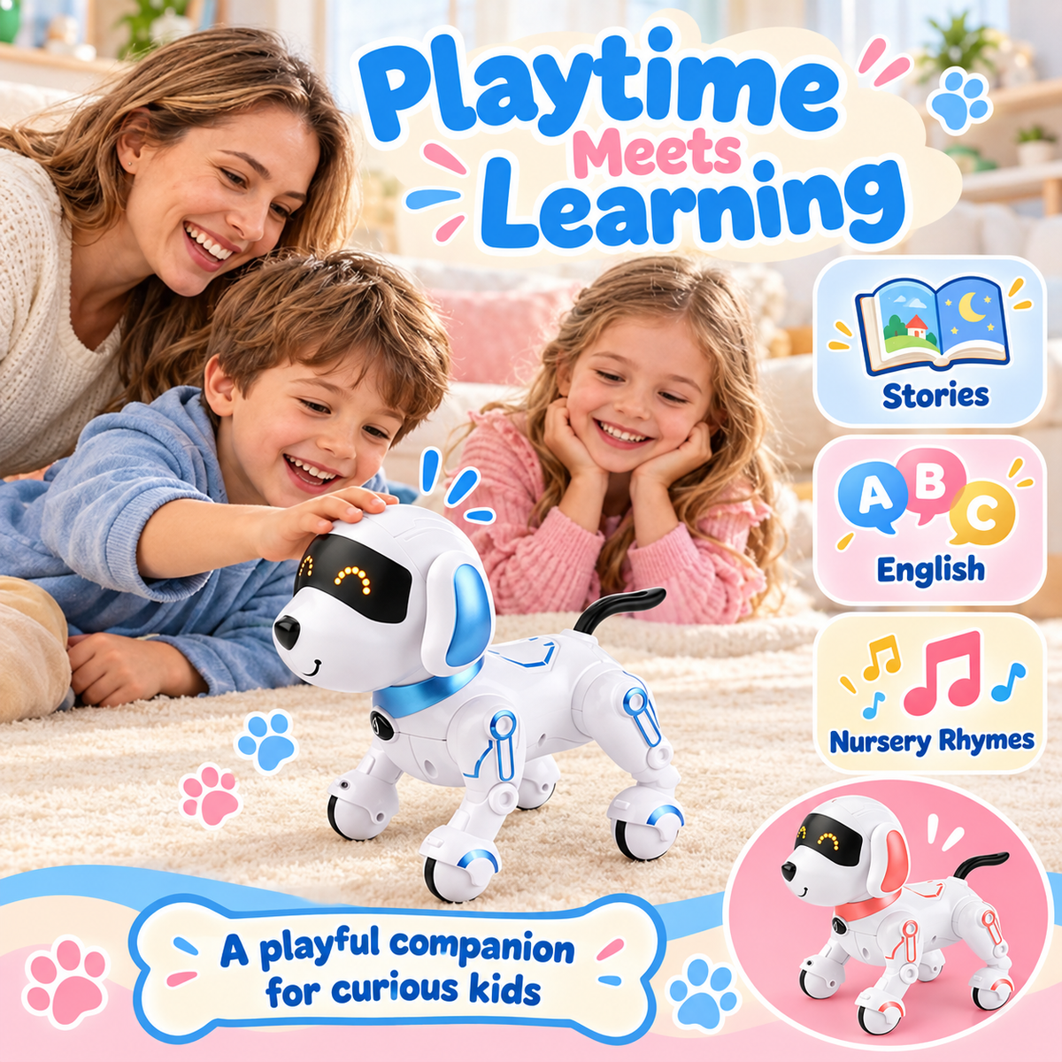 Interactive Remote Control Robot Dog – Rechargeable Puppy Toy in Pink or Blue