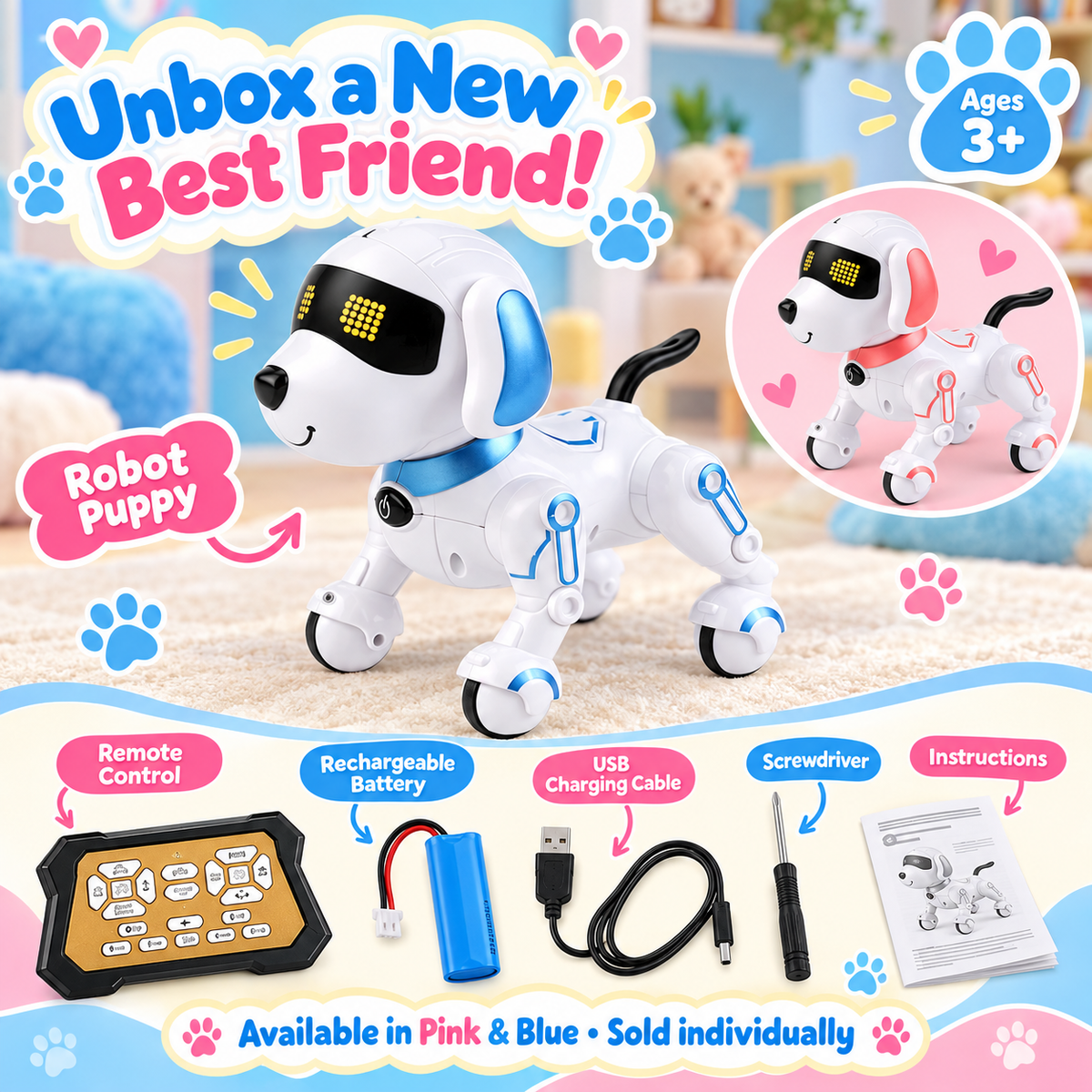 Interactive Remote Control Robot Dog – Rechargeable Puppy Toy in Pink or Blue
