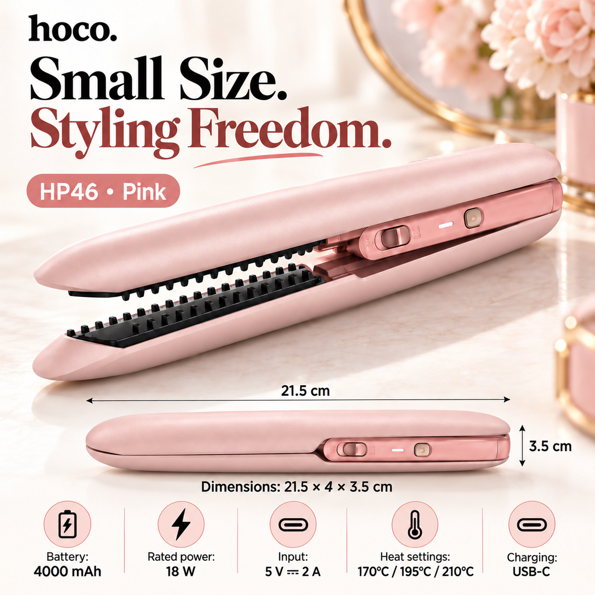 Hoco HP46 Cordless Hair Straightener & Curler – Rechargeable with 3 Heat Settings