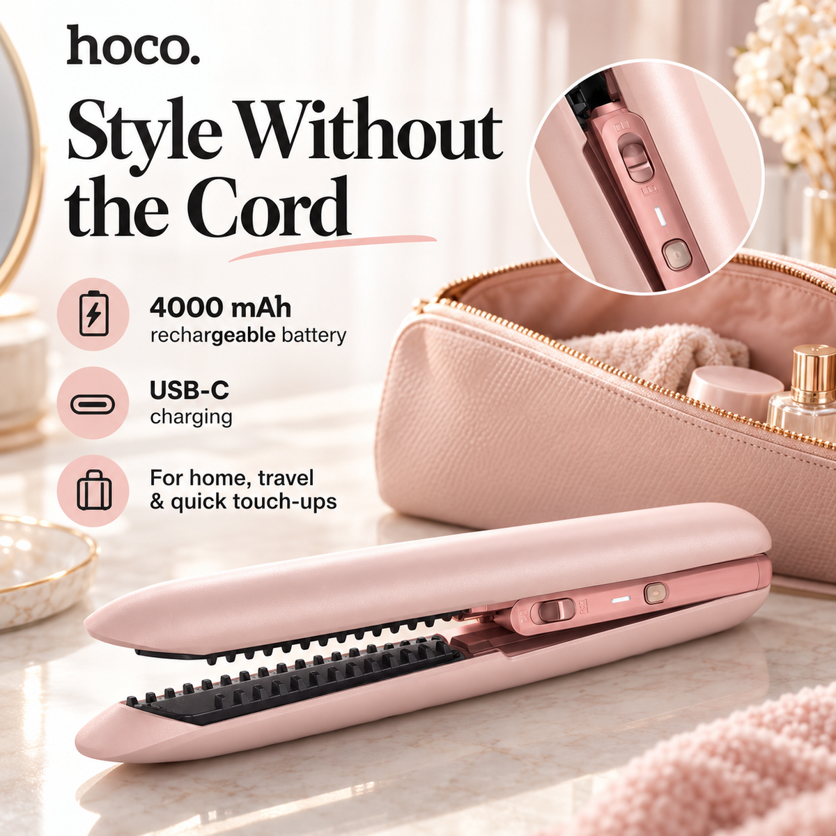 Hoco HP46 Cordless Hair Straightener & Curler – Rechargeable with 3 Heat Settings