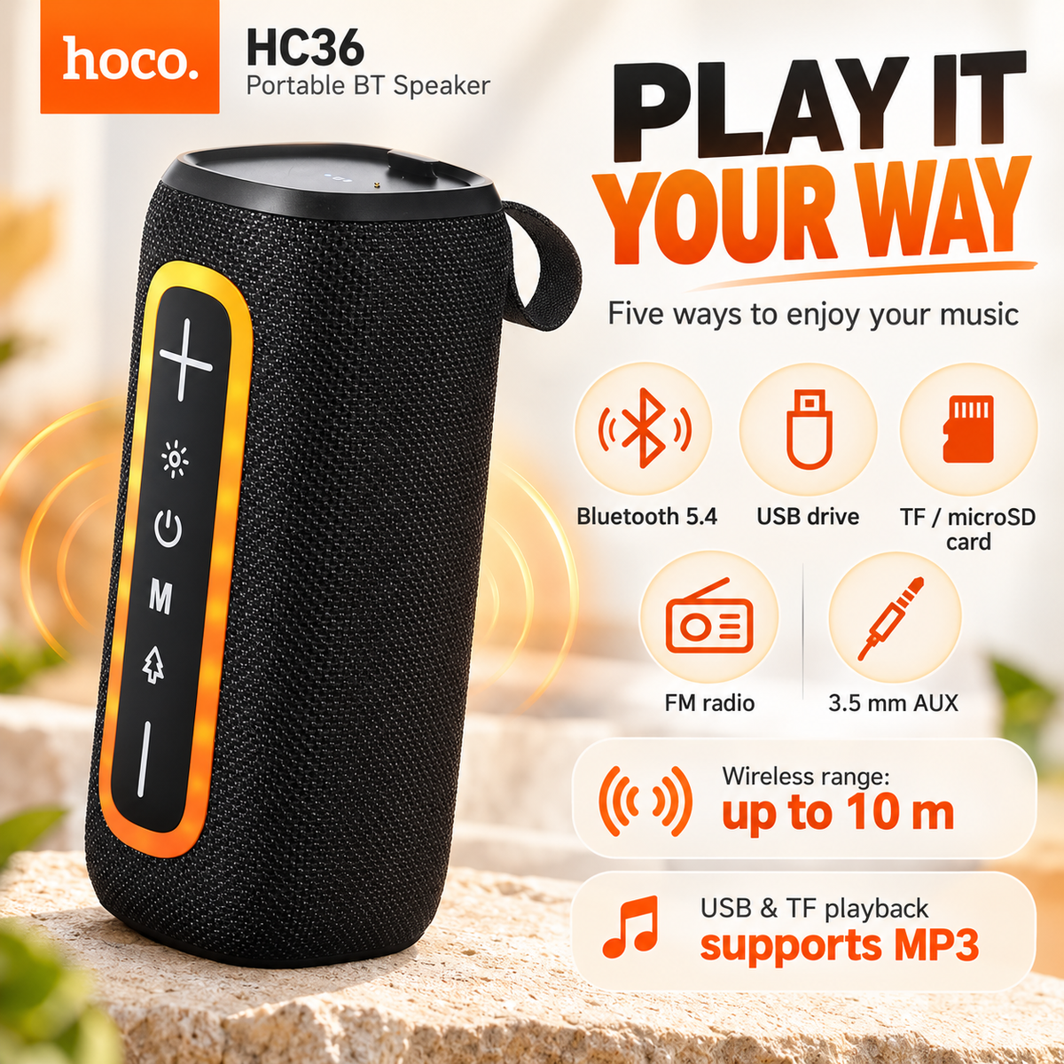 Hoco HC36 Portable Bluetooth Speaker – 10W Sound, LED Lights & FM Radio