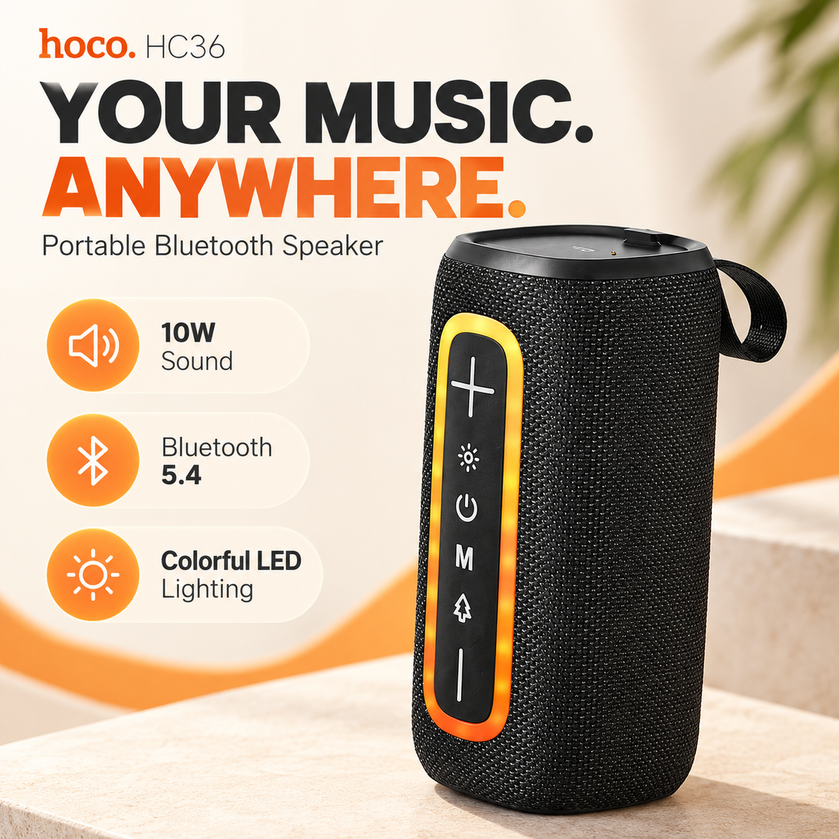 Hoco HC36 Portable Bluetooth Speaker – 10W Sound, LED Lights & FM Radio