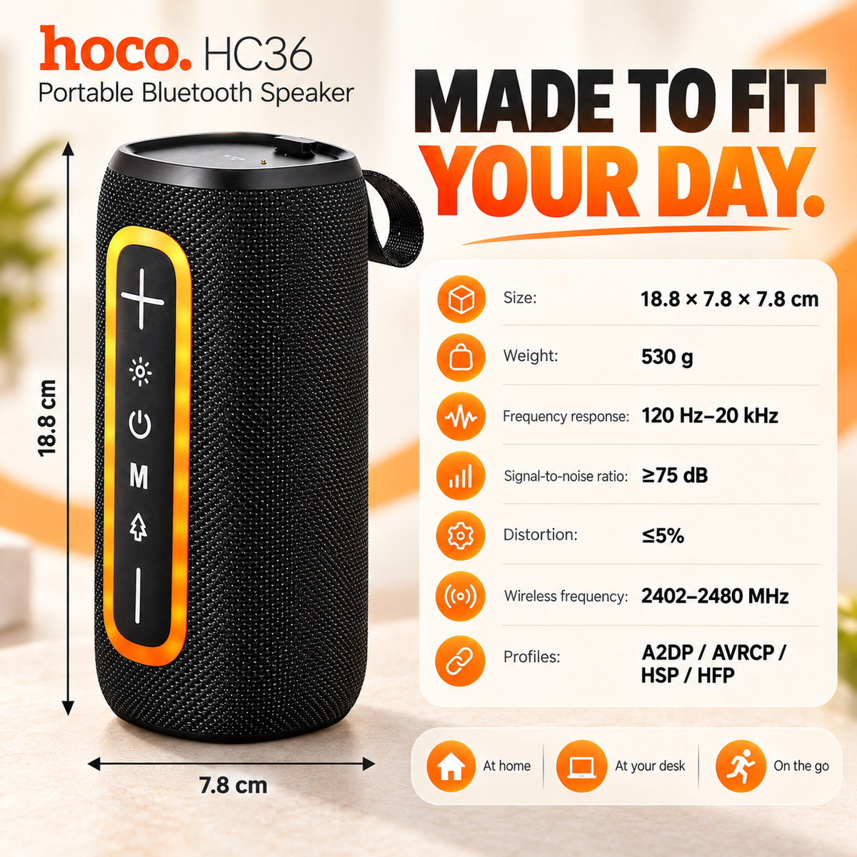 Hoco HC36 Portable Bluetooth Speaker – 10W Sound, LED Lights & FM Radio
