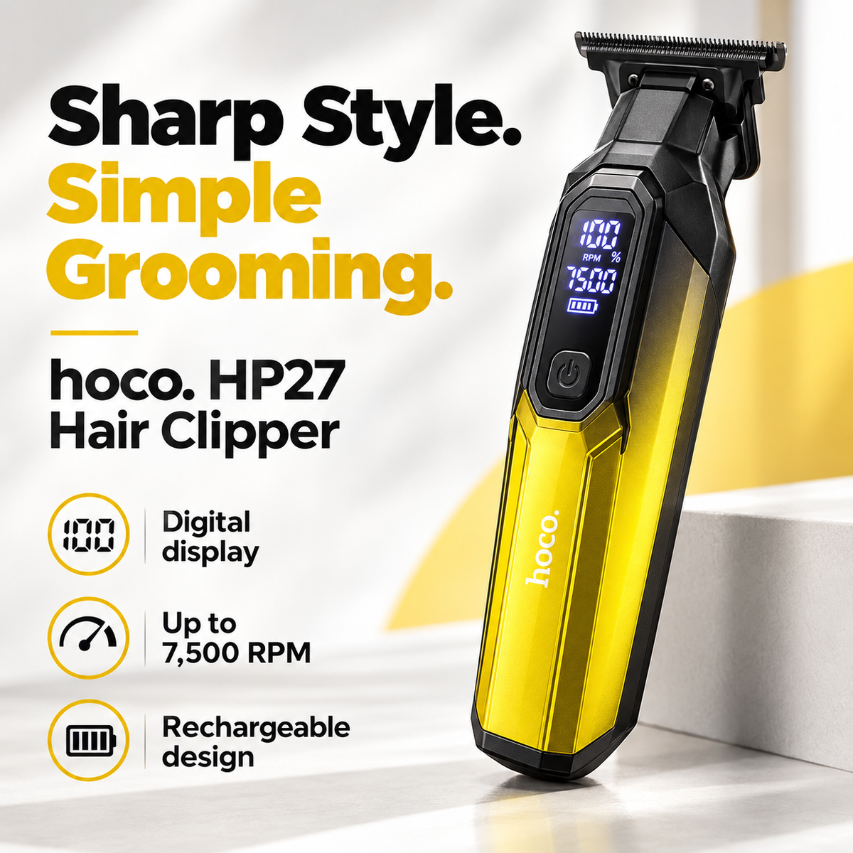 Hoco HP27 Rechargeable Hair Clipper with Digital Display & 4 Guide Combs