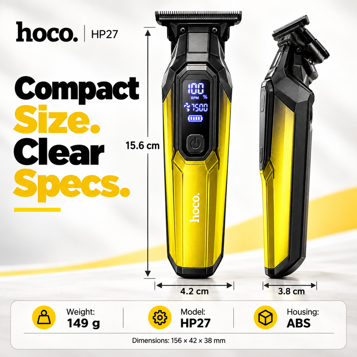 Hoco HP27 Rechargeable Hair Clipper with Digital Display & 4 Guide Combs