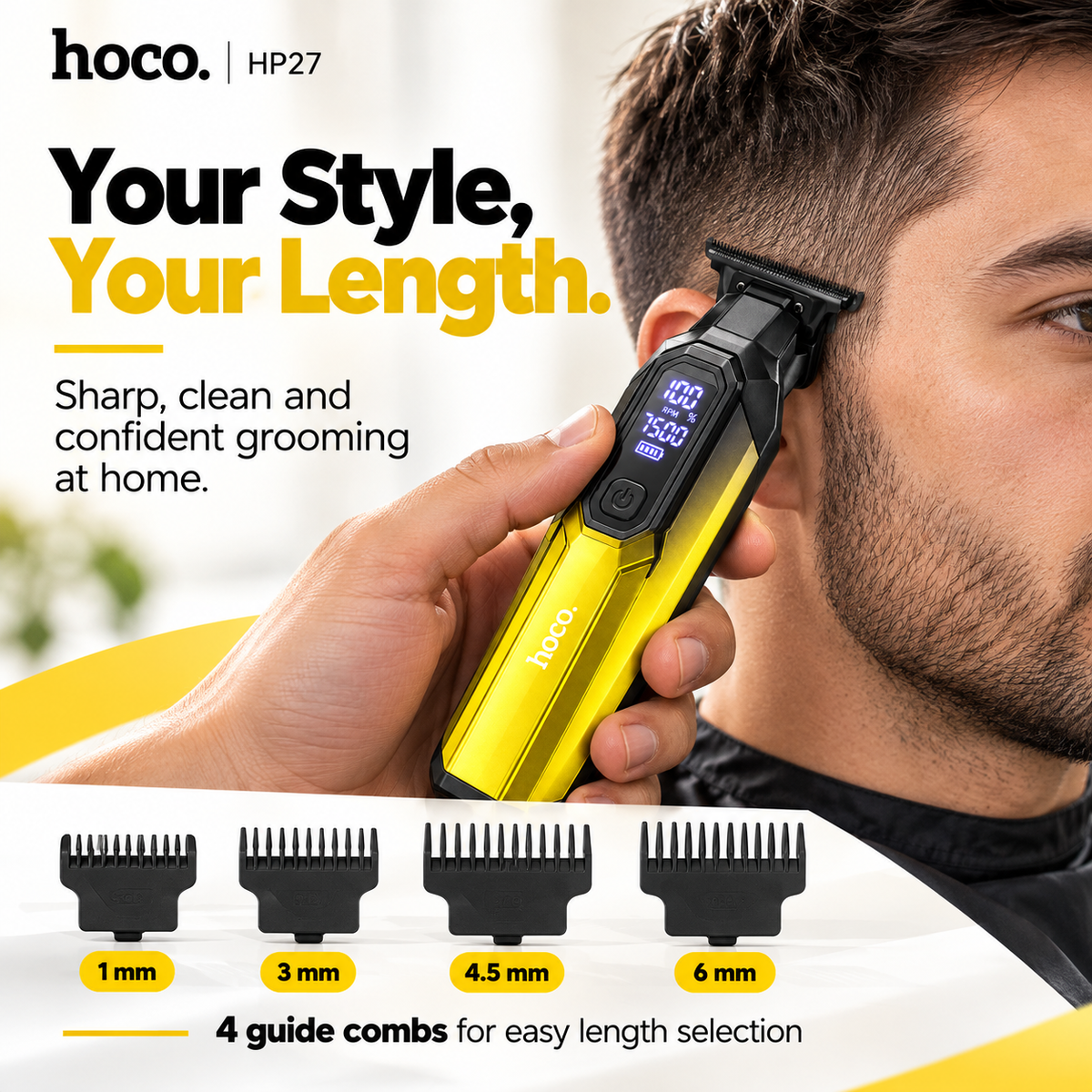 Hoco HP27 Rechargeable Hair Clipper with Digital Display & 4 Guide Combs