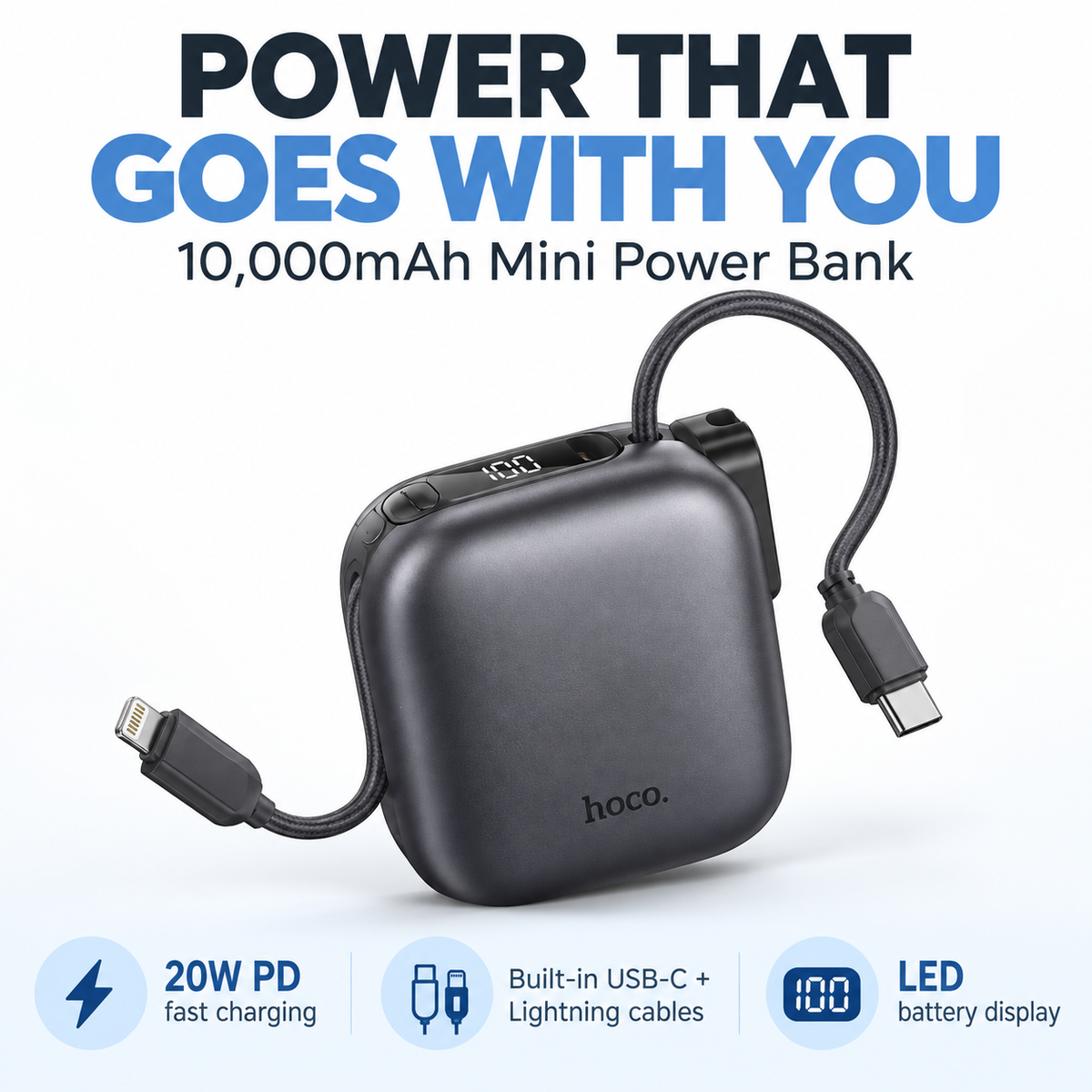 Hoco MH136 10,000mAh Mini Power Bank with Built-in USB-C & Lightning Cables – 20W PD Fast Charging