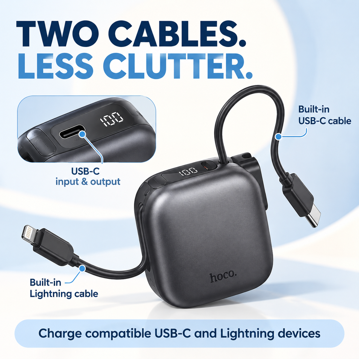 Hoco MH136 10,000mAh Mini Power Bank with Built-in USB-C & Lightning Cables – 20W PD Fast Charging