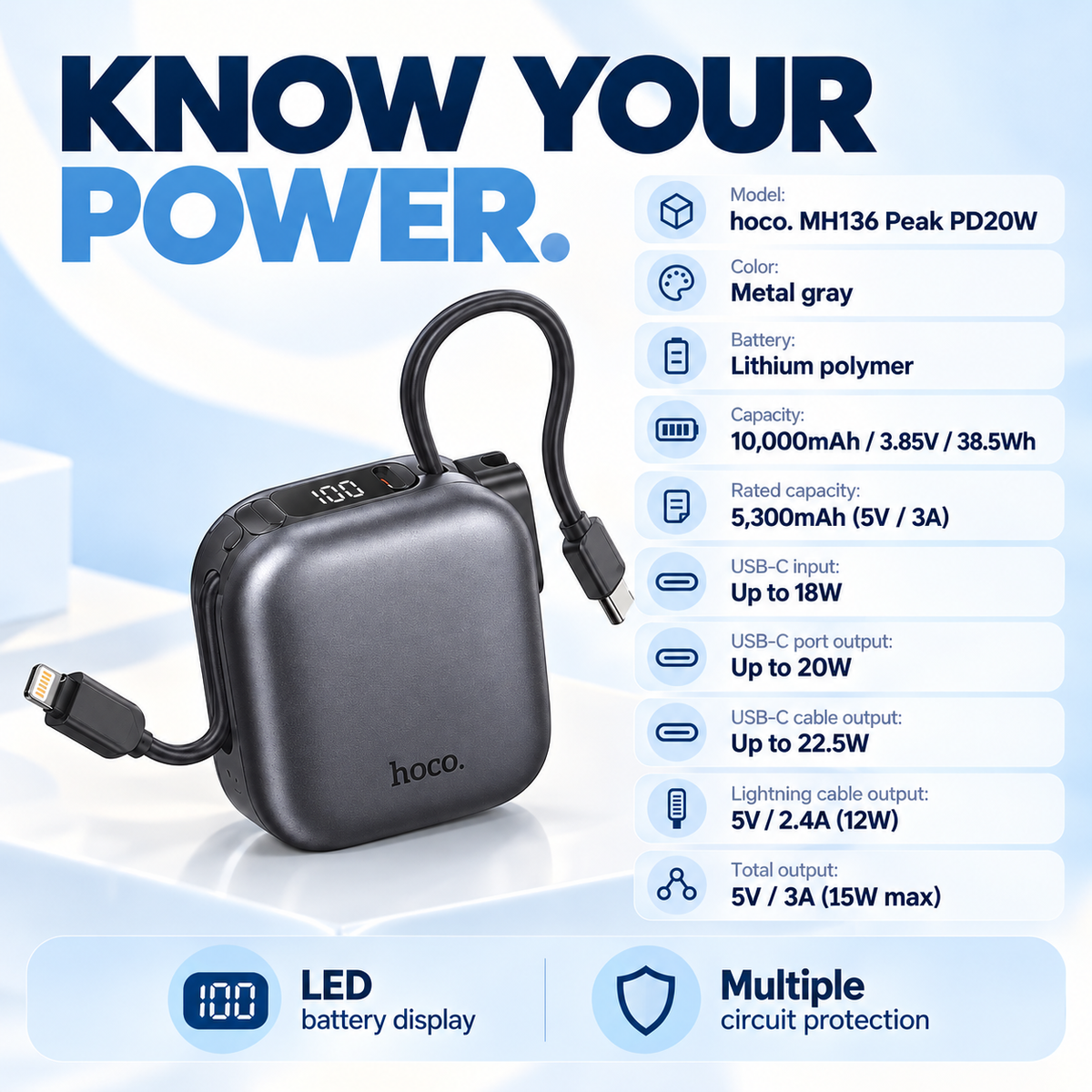 Hoco MH136 10,000mAh Mini Power Bank with Built-in USB-C & Lightning Cables – 20W PD Fast Charging
