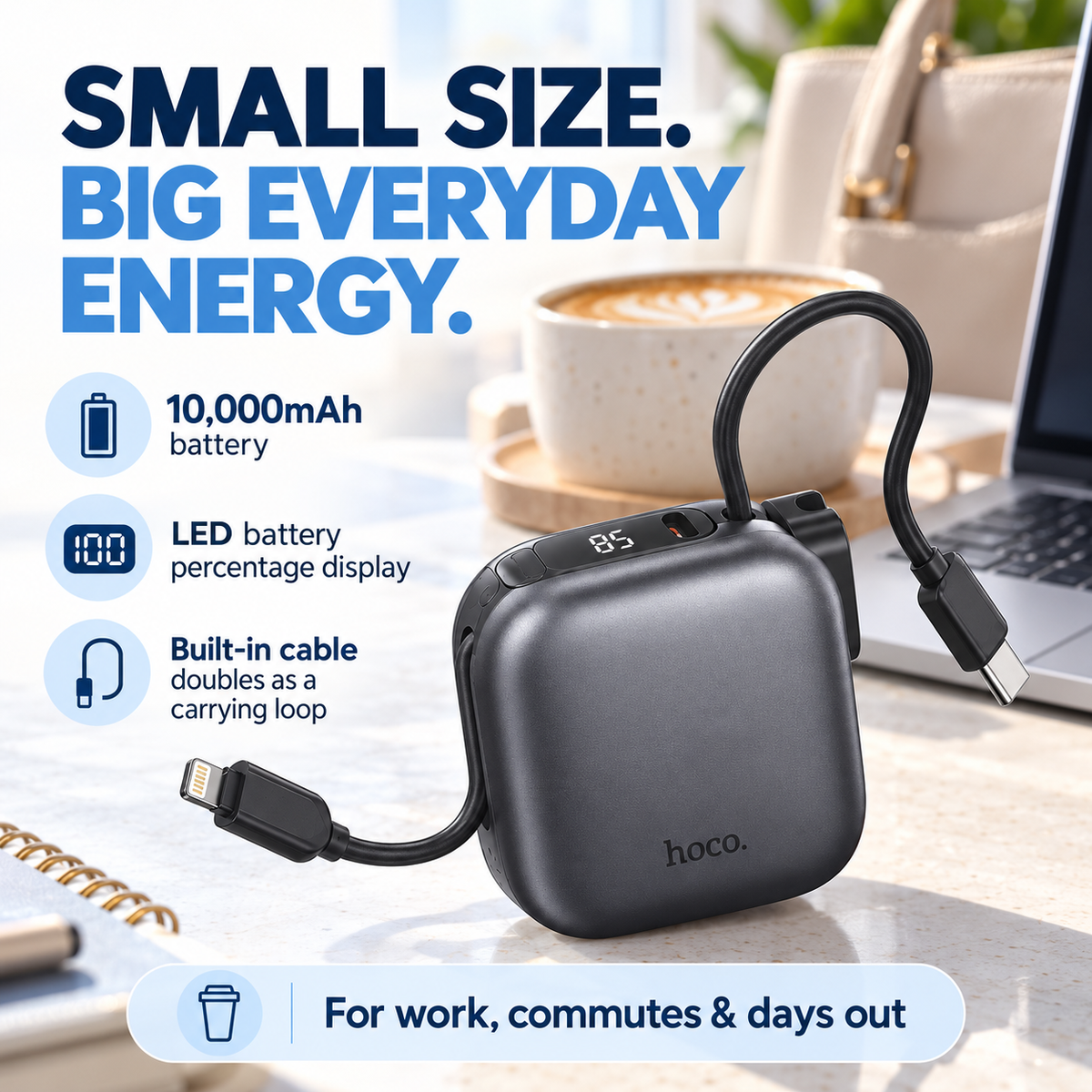 Hoco MH136 10,000mAh Mini Power Bank with Built-in USB-C & Lightning Cables – 20W PD Fast Charging