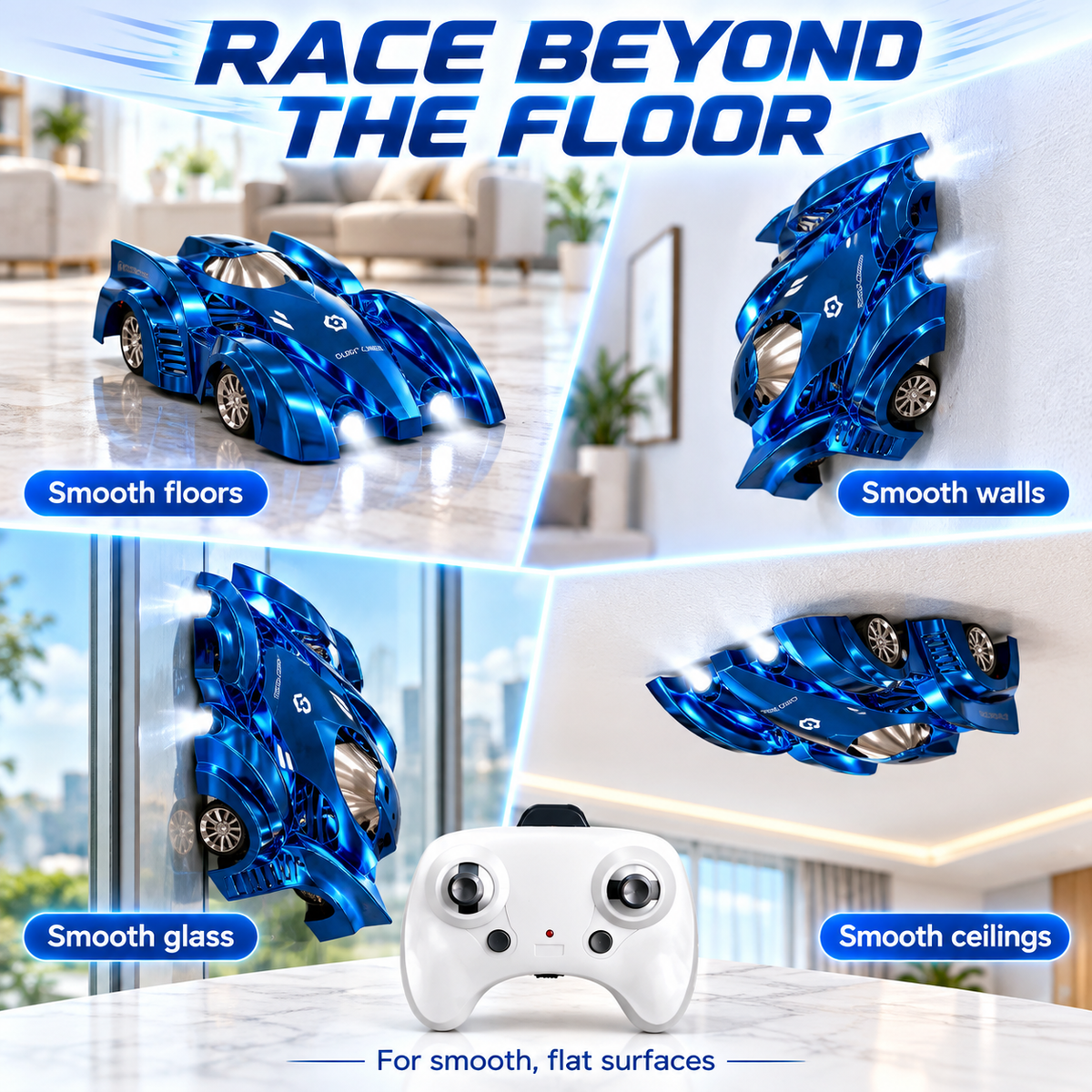 360° Wall-Climbing Remote Control Stunt Car with Lights – Blue