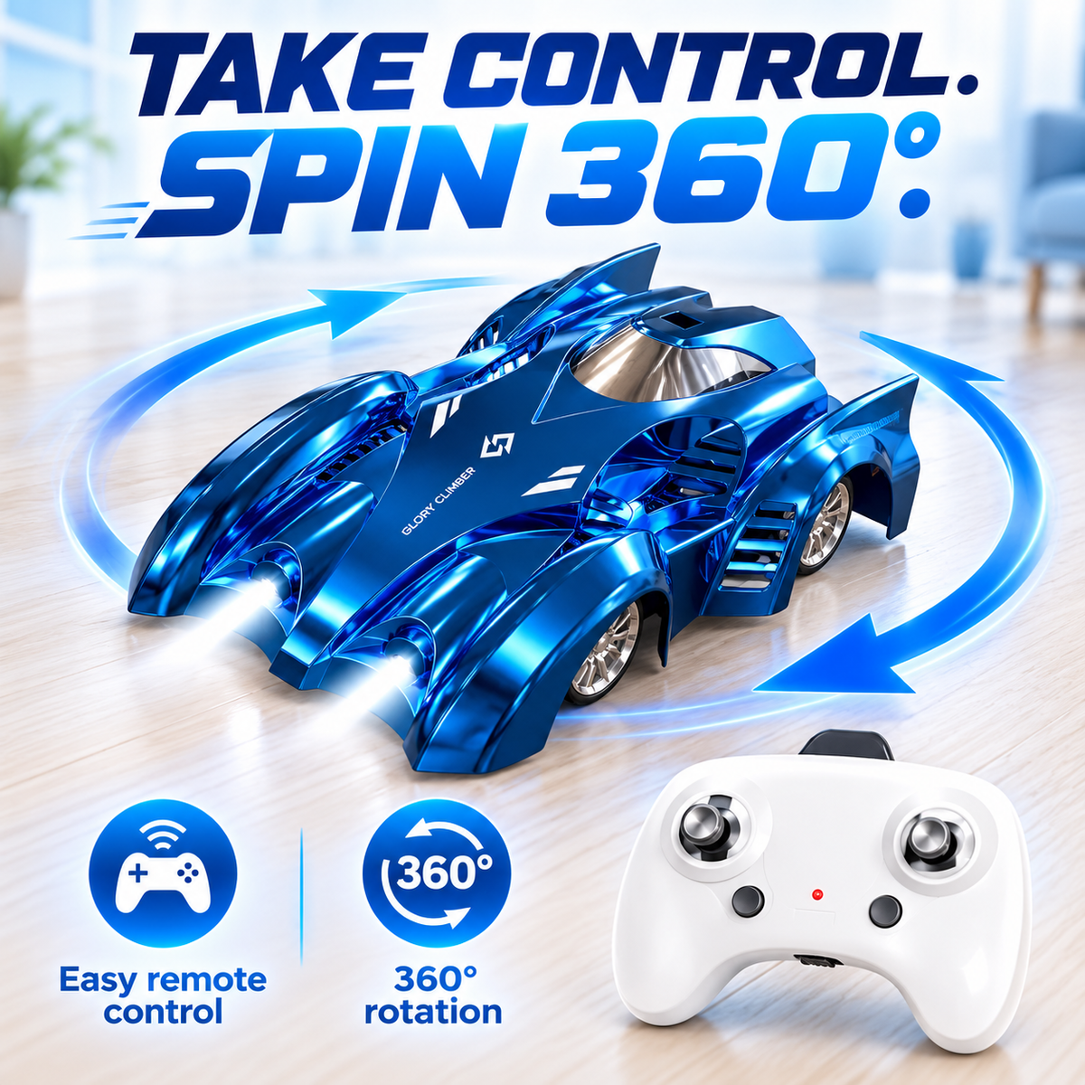 360° Wall-Climbing Remote Control Stunt Car with Lights – Blue