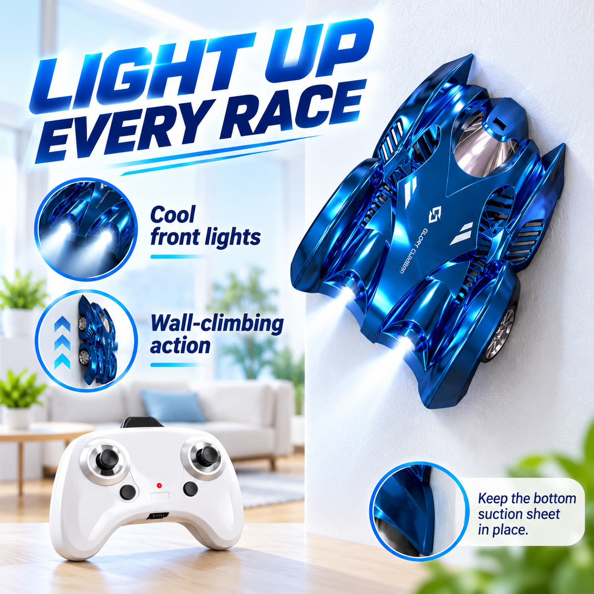 360° Wall-Climbing Remote Control Stunt Car with Lights – Blue