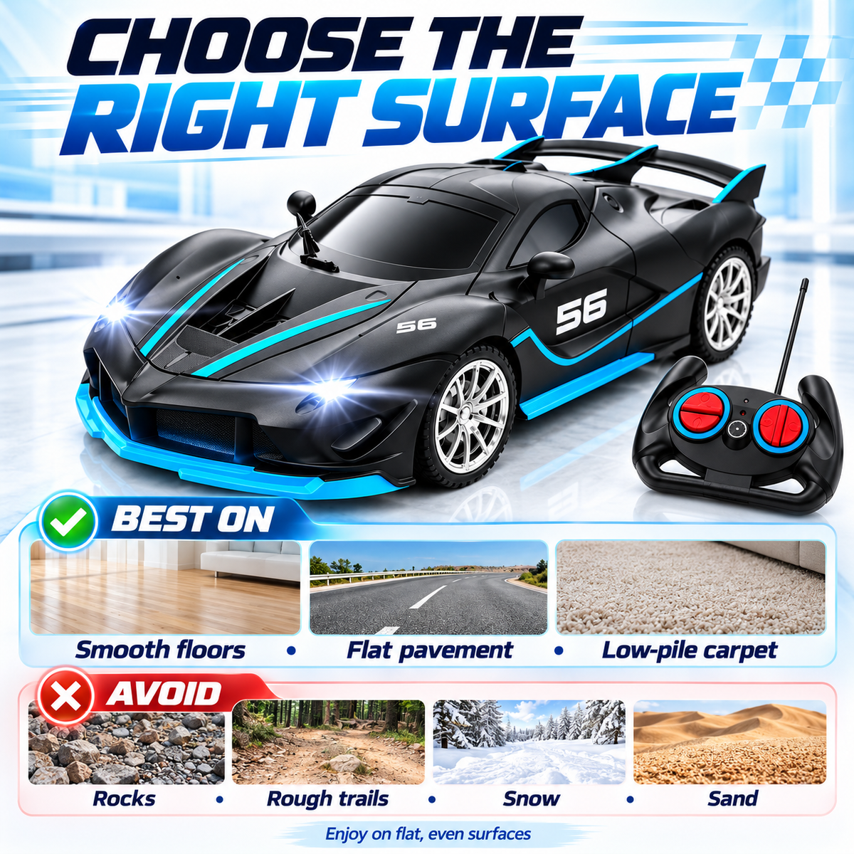 Remote Control Sports Racing Car with LED Headlights – Black & Blue
