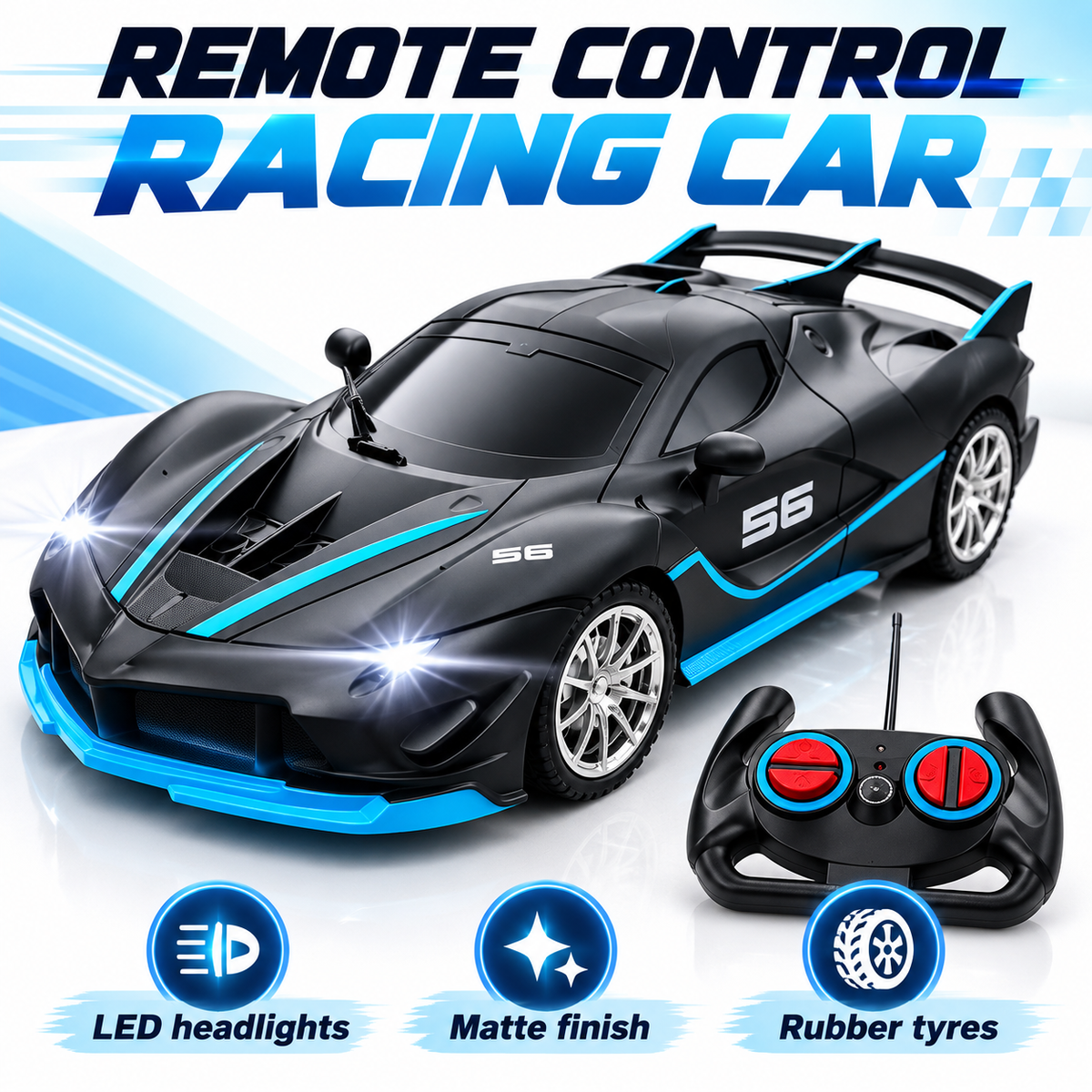 Remote Control Sports Racing Car with LED Headlights – Black & Blue