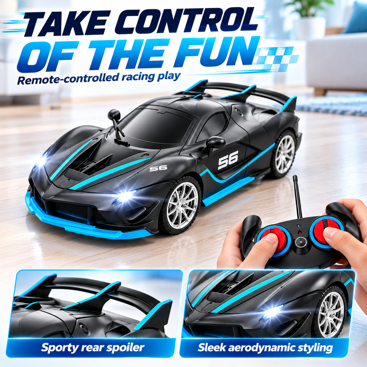 Remote Control Sports Racing Car with LED Headlights – Black & Blue