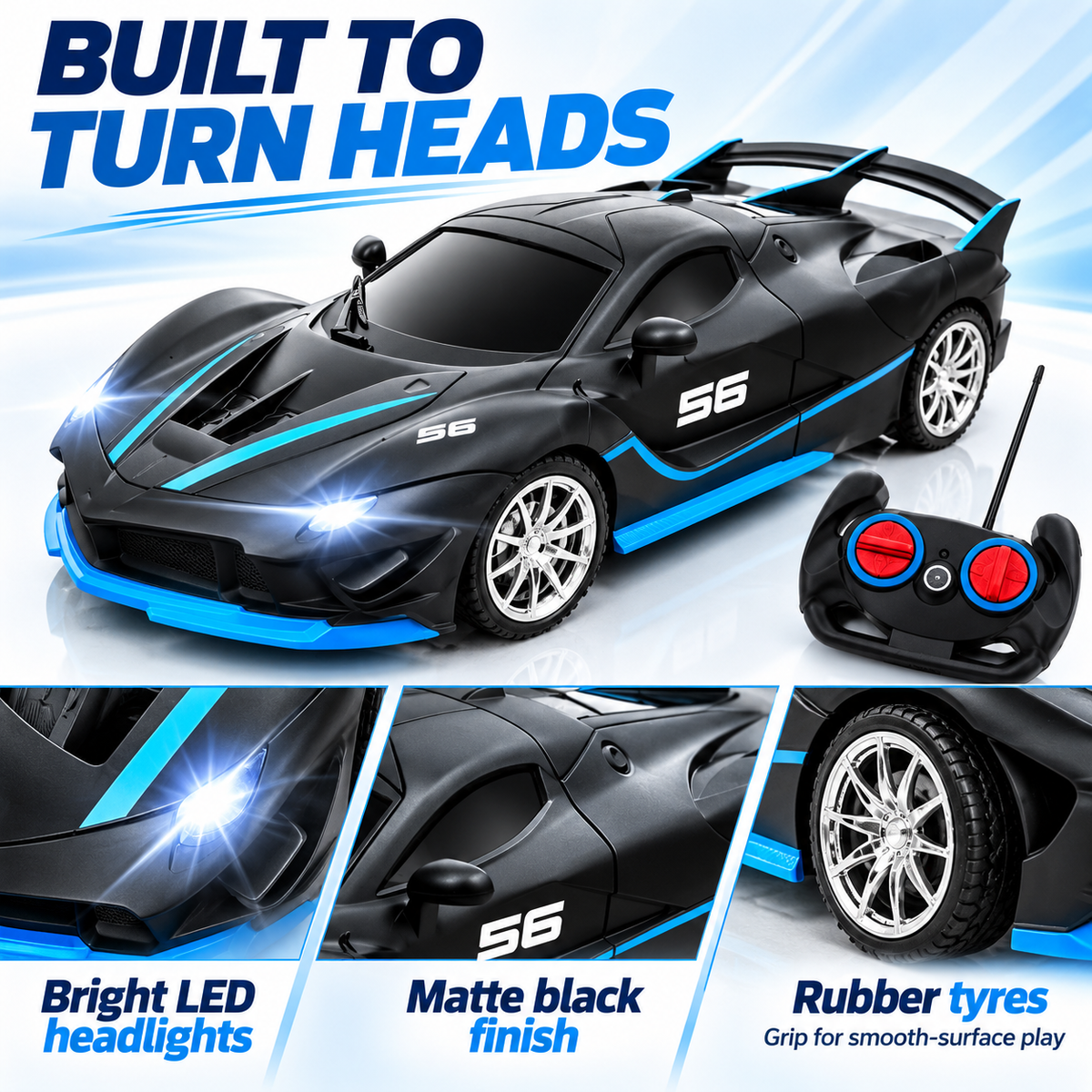 Remote Control Sports Racing Car with LED Headlights – Black & Blue