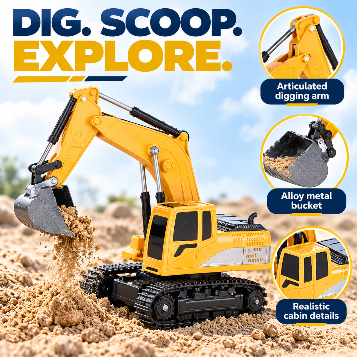 RC Excavator Toy with 2.4GHz Remote Control, Metal Bucket, Lights & Sound – Yellow