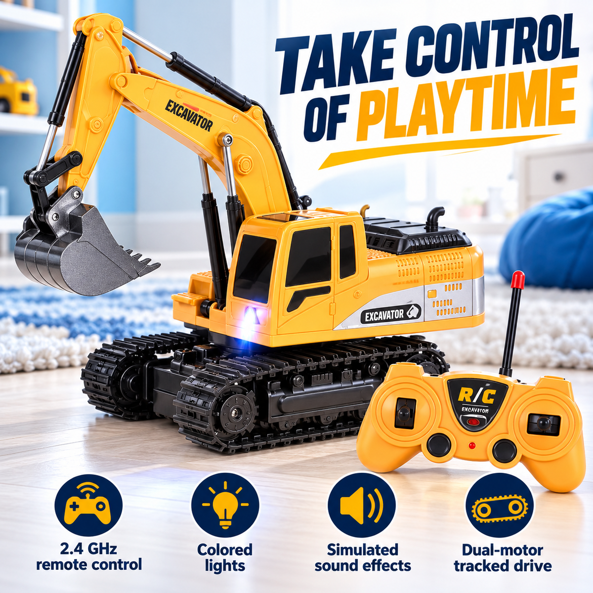 RC Excavator Toy with 2.4GHz Remote Control, Metal Bucket, Lights & Sound – Yellow