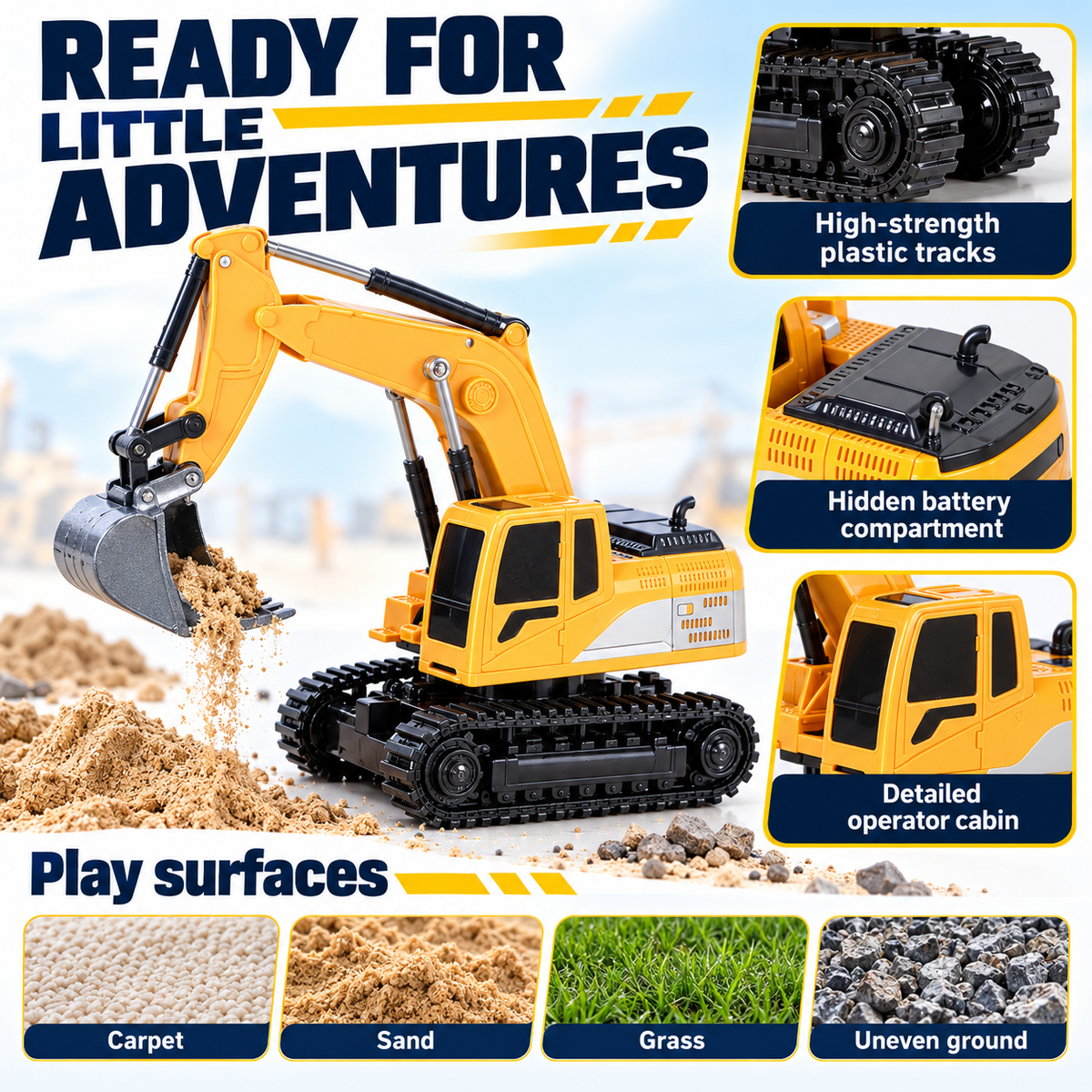 RC Excavator Toy with 2.4GHz Remote Control, Metal Bucket, Lights & Sound – Yellow