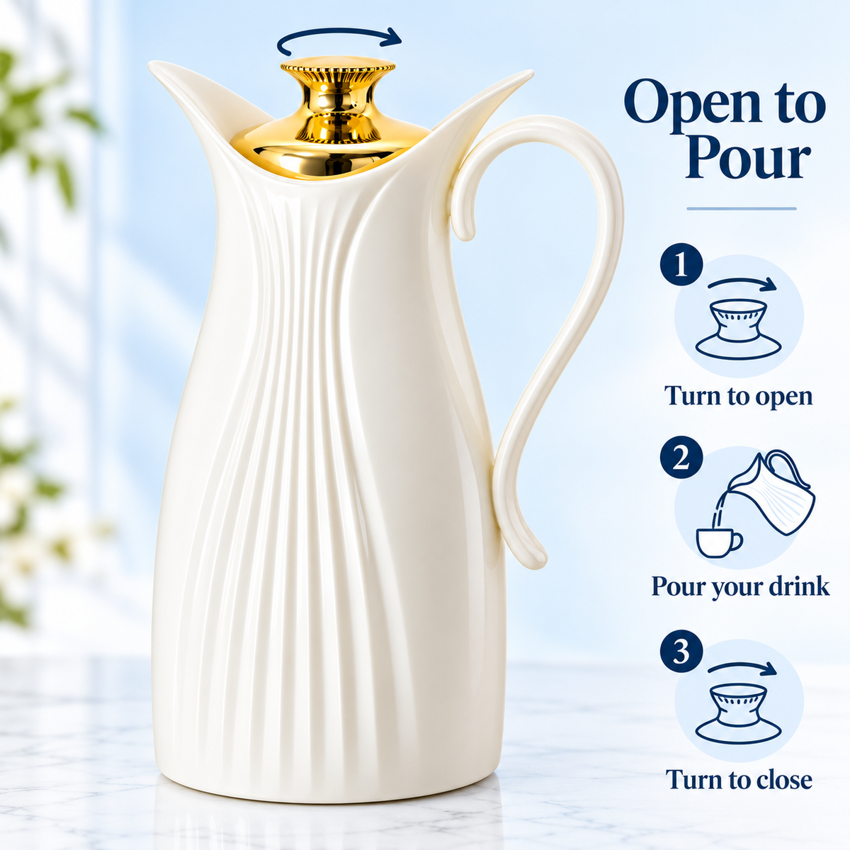 1L White Vacuum Flask with Gold-Tone Lid (Inner Glass)