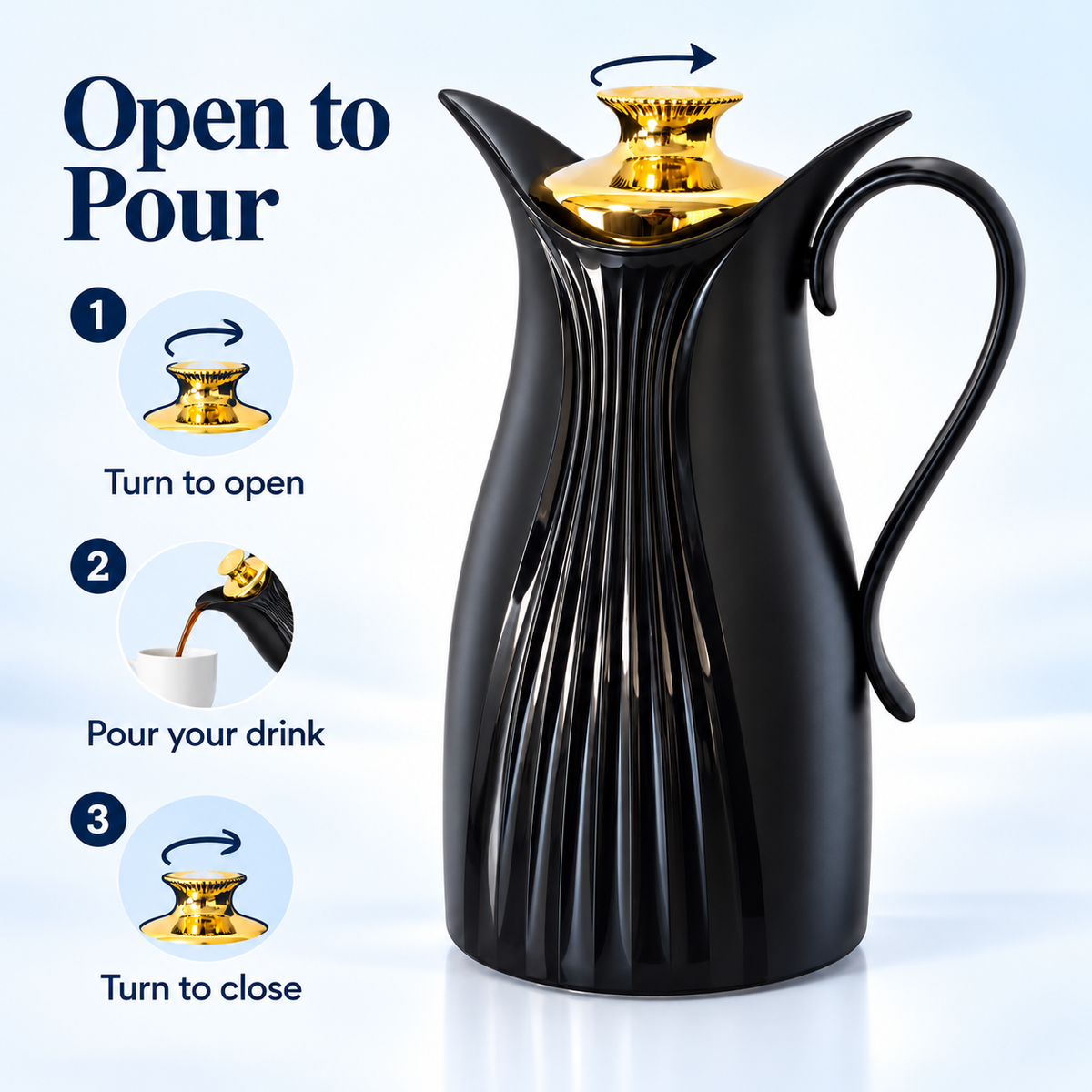 1L Black Vacuum Flask with Gold-Tone Lid (Inner Glass)